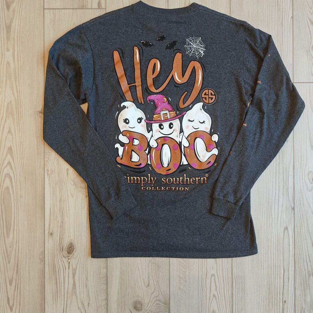 Simply Southern "Hey Boo" halloween dark Heather Grey long sleeve T shirt size M
